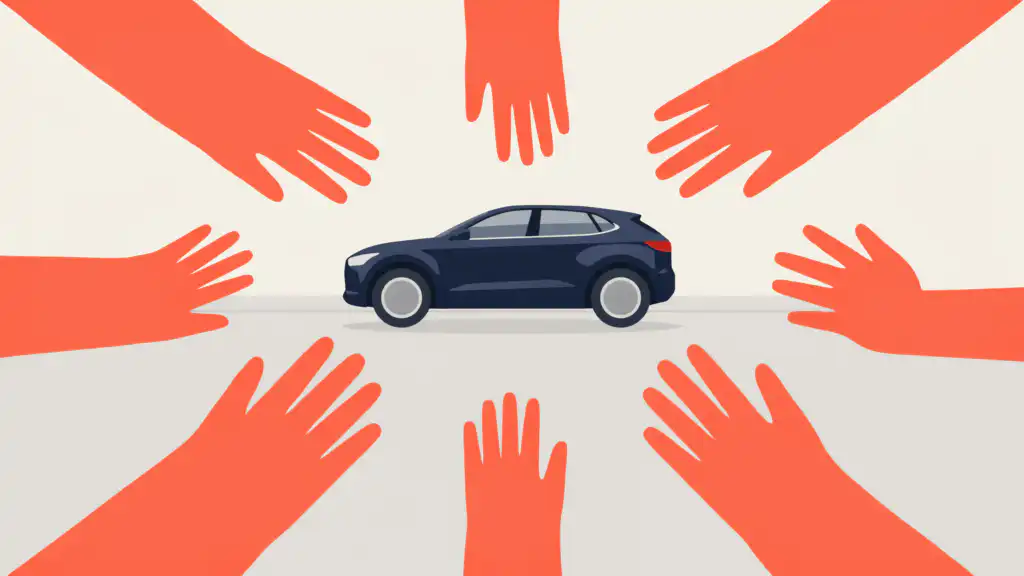 Hands reach toward a new navy SUV from every side, showing how visible wealth draws requests