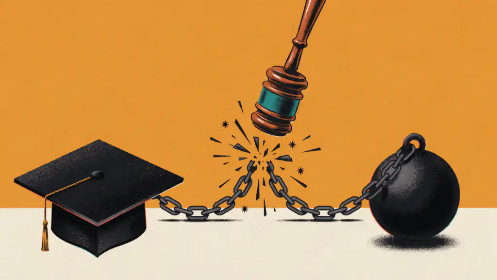 A gavel snaps the chain binding a graduation cap to a heavy iron ball weight