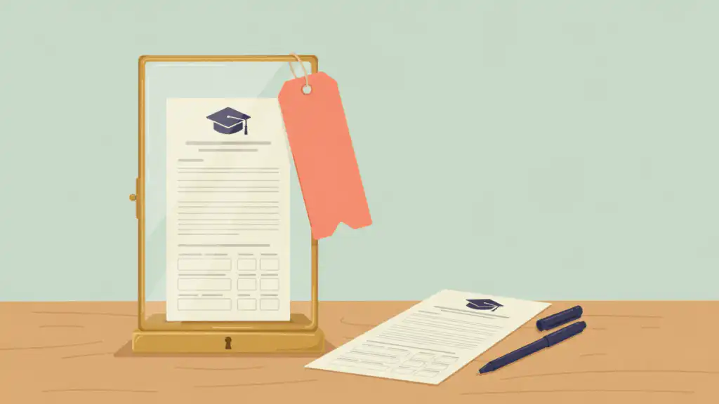 Two identical student loan forms, one locked in a glass display case with a price tag and one lying loose beside a pen
