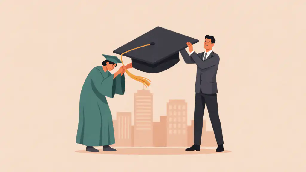 A graduate in a green gown bends under a giant graduation cap while a man in a gray suit lifts most of it