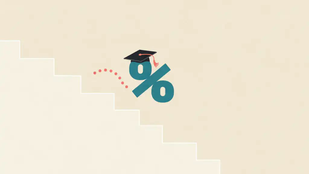 A teal percent sign in a graduation cap hops down a cream staircase, a student loan rate stepping lower