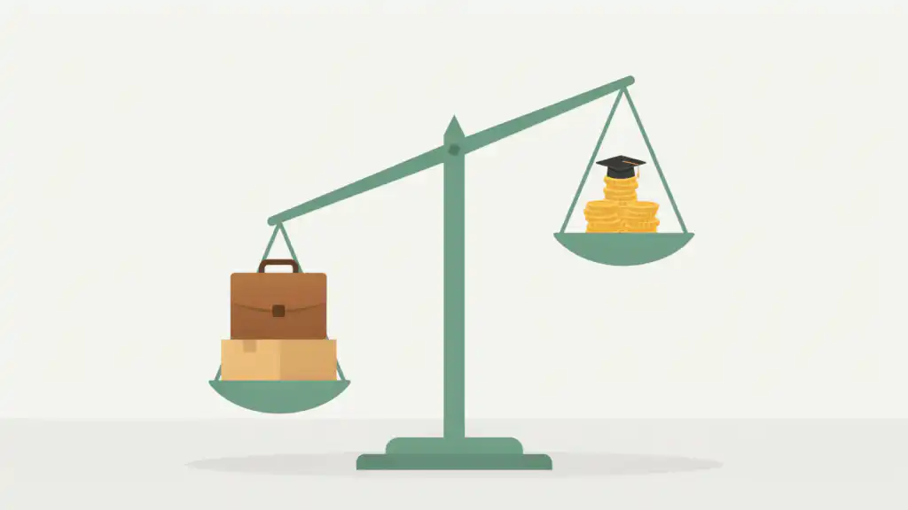 A balance scale tips toward a briefcase and moving box, outweighing stacks of coins topped by a graduation cap