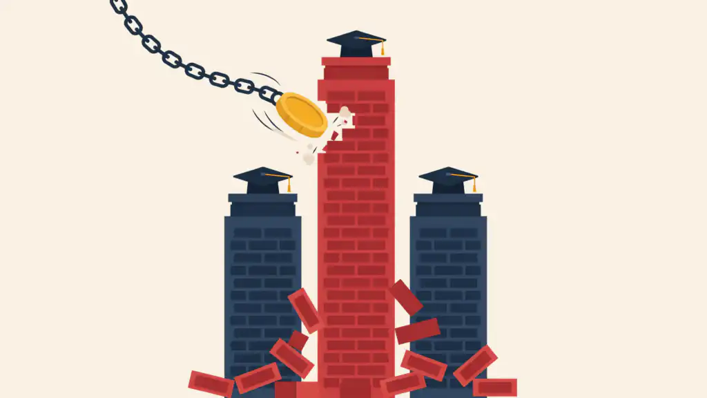 A gold coin wrecking ball knocks bricks off the tallest of three brick towers topped with graduation caps