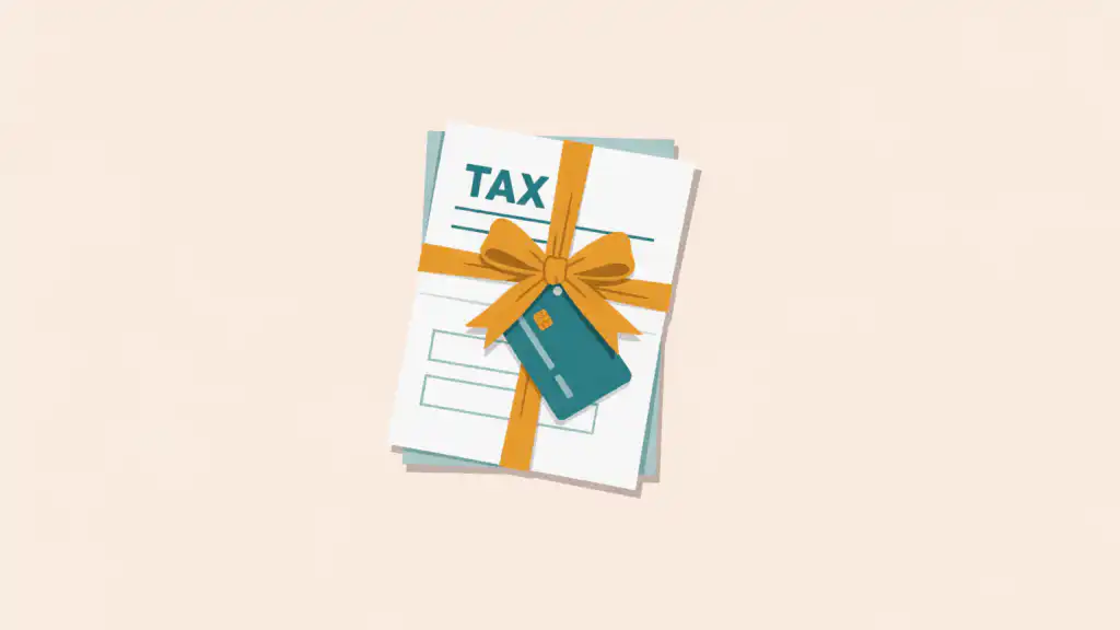 Tax bill marked TAX tied like a present with a mustard ribbon and bow, a teal credit card hanging from the bow as its tag