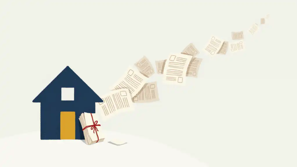 Navy house with a bundle of papers propped at its door while loose tax forms blow away behind it
