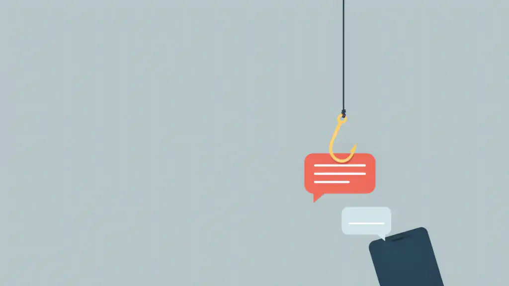 A text message bubble hangs as bait on a fishing hook while a phone sends a small reply bubble up toward it.