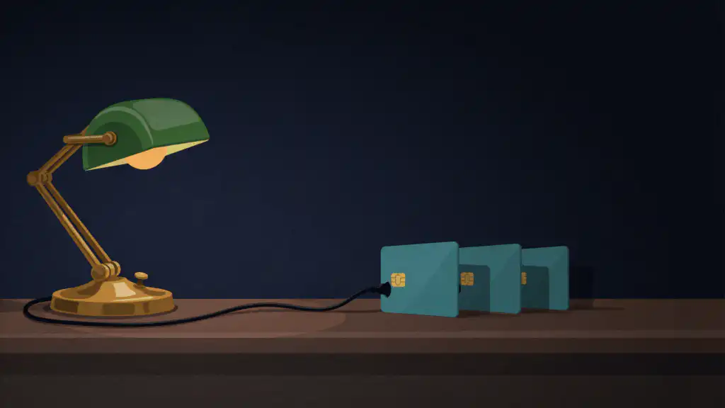 A glowing desk lamp plugged into the first of three teal credit cards lined up on a dark desk