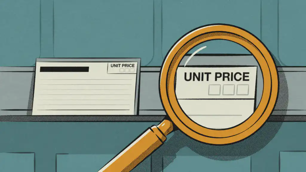 A magnifying glass over a grocery shelf tag, enlarging a corner box labeled UNIT PRICE