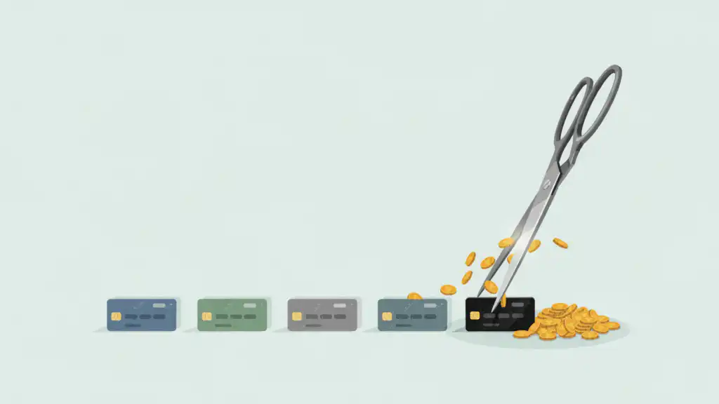 Giant scissors cut into a black credit card spilling gold coins at the end of a row of four other credit cards.