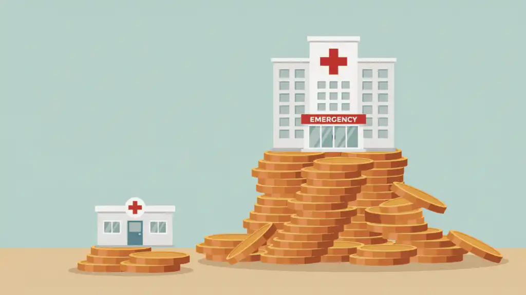 A small urgent care clinic on a few coins beside a hospital marked EMERGENCY atop a mountain of gold coins