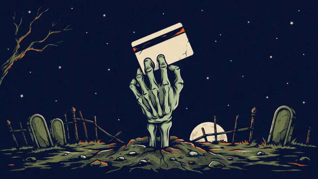 Zombie debt illustration of an old credit card in a bony green hand rising from a grave under a full moon
