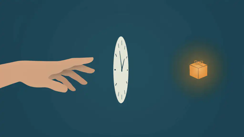 A hand reaches past a tall pale clock toward a small glowing shopping box floating out of reach in teal space.