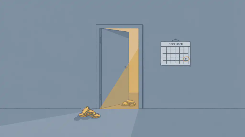 A nearly shut door lights gold coins inside while a pile lies abandoned on the dark threshold by a December 31 calendar.
