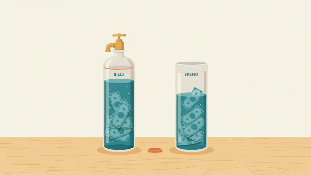 Two tall glass tanks of money on a wooden table, one sealed with a closed tap, the other open and half full.