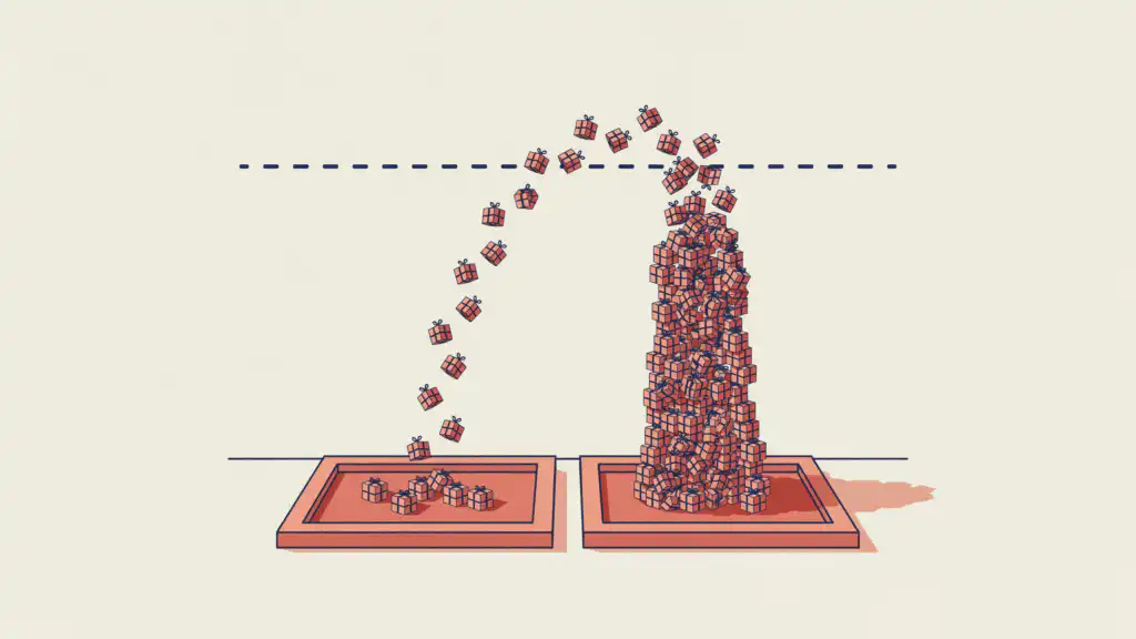 Gift boxes arc from one calendar tile into the next, bunching into a tall column that clears a dashed line.