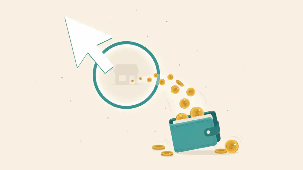 A giant cursor arrow clicks through a glowing round cash back portal while gold coins spill into an open wallet.