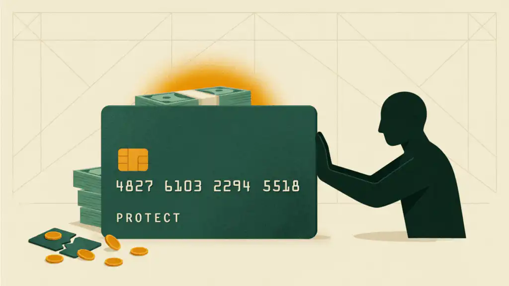 A giant credit card stands as a wall, blocking a masked thief from a glowing stack of savings behind it.