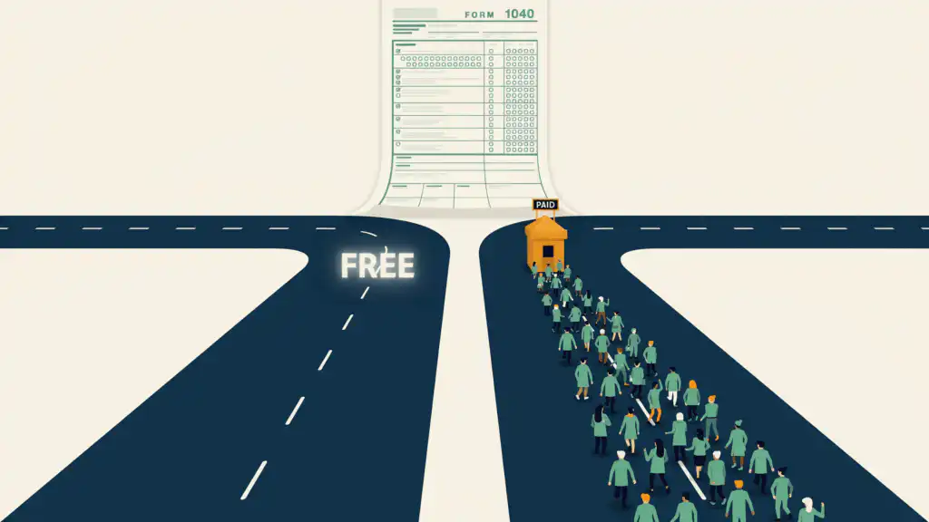 A tax form unfurls into a forked road, its free-filing lane empty as a crowd streams toward a paid booth.