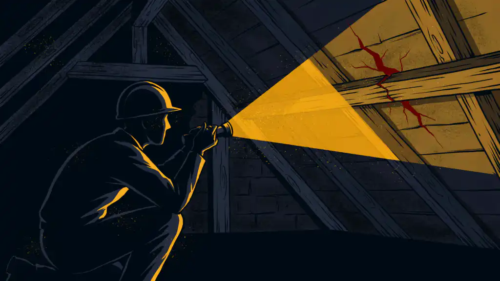 A hard-hatted home inspector silhouette shines a flashlight onto a glowing red crack in a wooden attic beam.