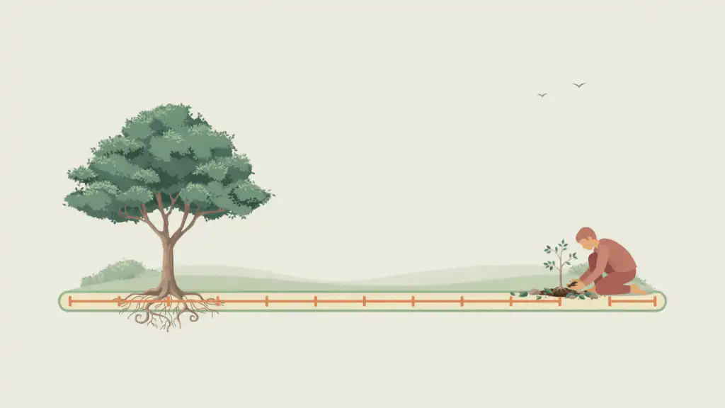 A large full tree and a small sparse tree mark early and late points on a timeline as a figure kneels to plant the small one.