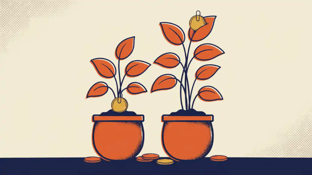 Two coin-leaf plants in terracotta pots lose a coin at opposite ends, one at the roots and one at the crown.