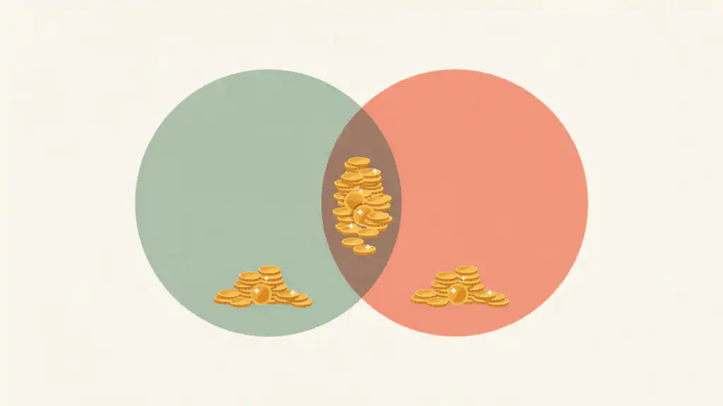 Two overlapping green and coral circles, gold coins pooled in the shared overlap and smaller coin clusters in each crescent.