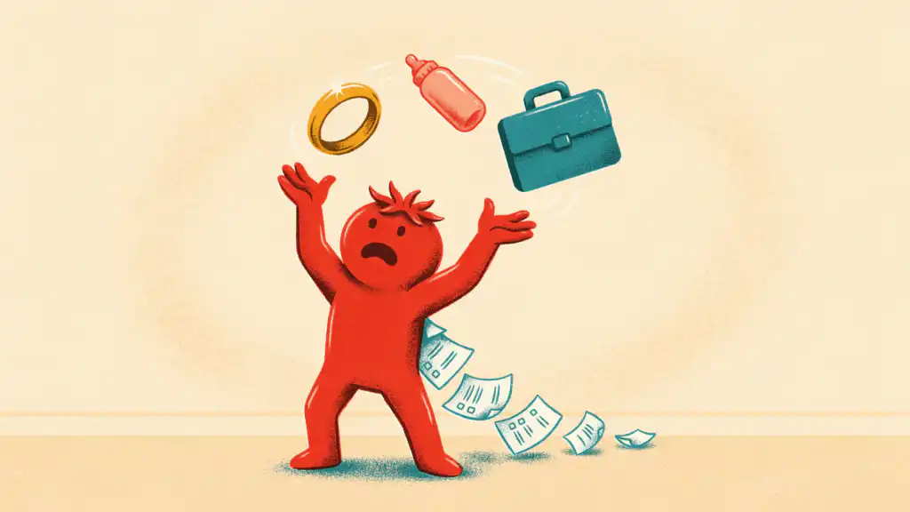 A frazzled red figure juggles a wedding ring, baby bottle, and briefcase while a trail of paper forms falls to the floor
