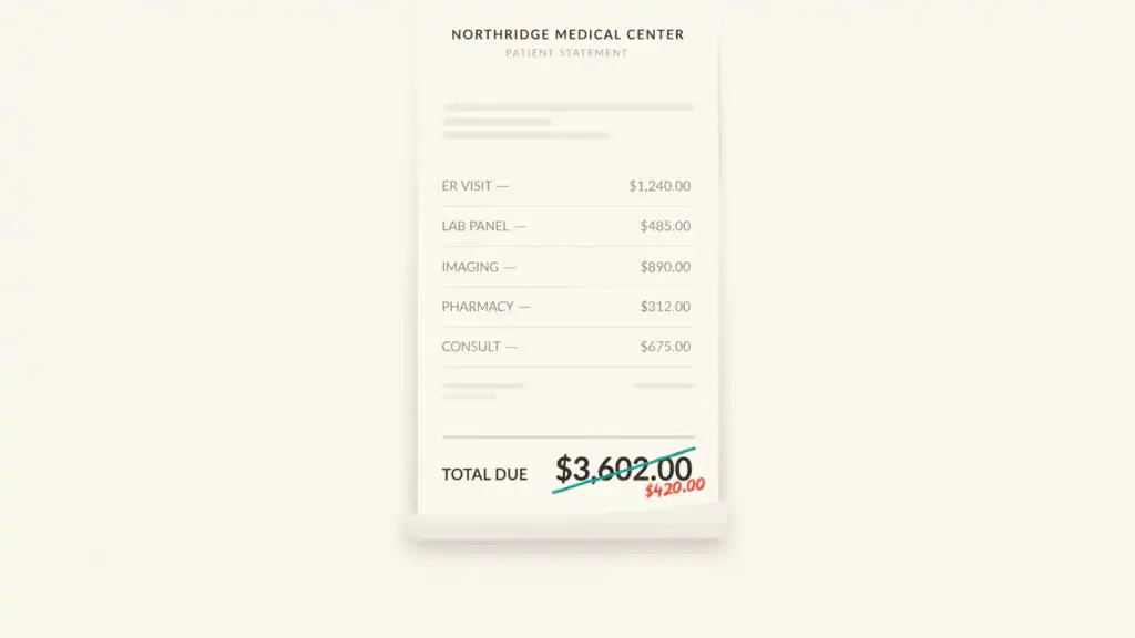 An itemized medical bill with its large total crossed out in teal and a smaller amount written beside it in coral.