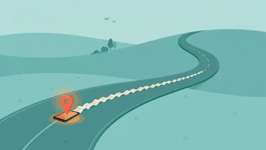 A winding road with a dotted center line of receipts and a location pin marking a phone that logs mileage.
