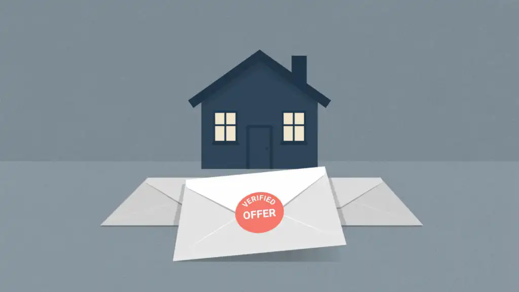 A mortgage pre-approval envelope with a coral seal rises above two plain offer envelopes on a table before a small house.