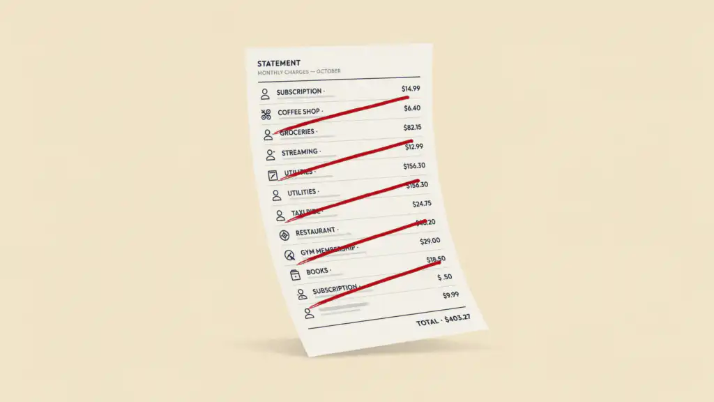 A printed subscription statement with a thick crimson line striking through five recurring charges to cancel them.