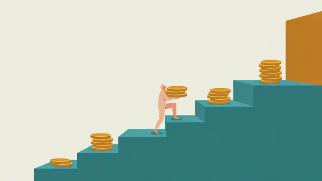A small figure stacks gold coins up the low steps of a tax-bracket staircase that ends in one steep, towering step.