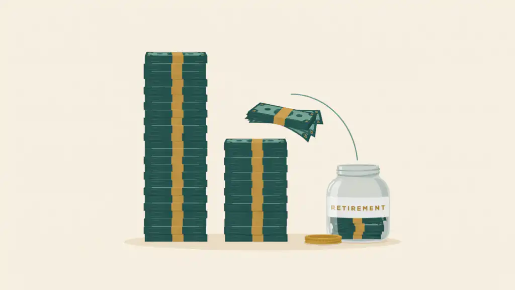 A tall stack of cash splits in two as a thick slice drops into a teal savings jar, leaving a shorter stack behind.